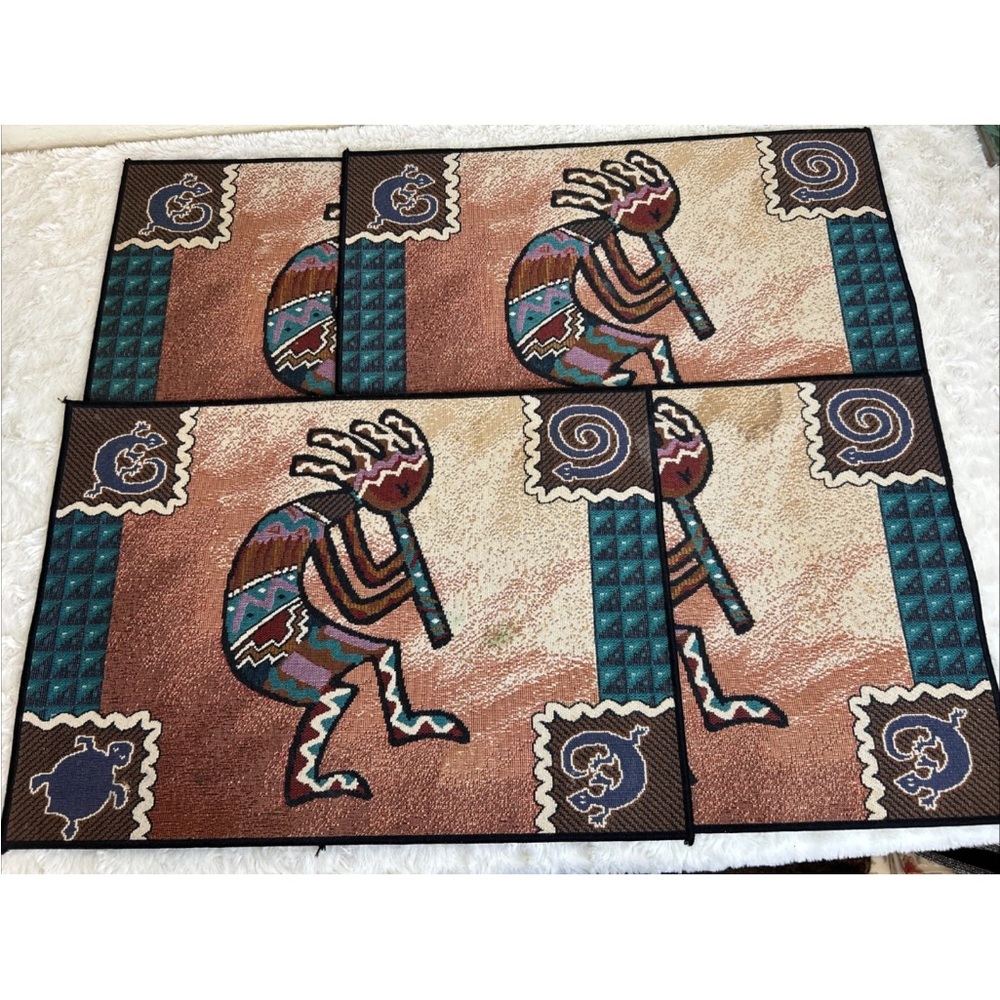 Southwestern Kokopelli Flute Dance Tapestry Native American Placemats Vtg Set 4